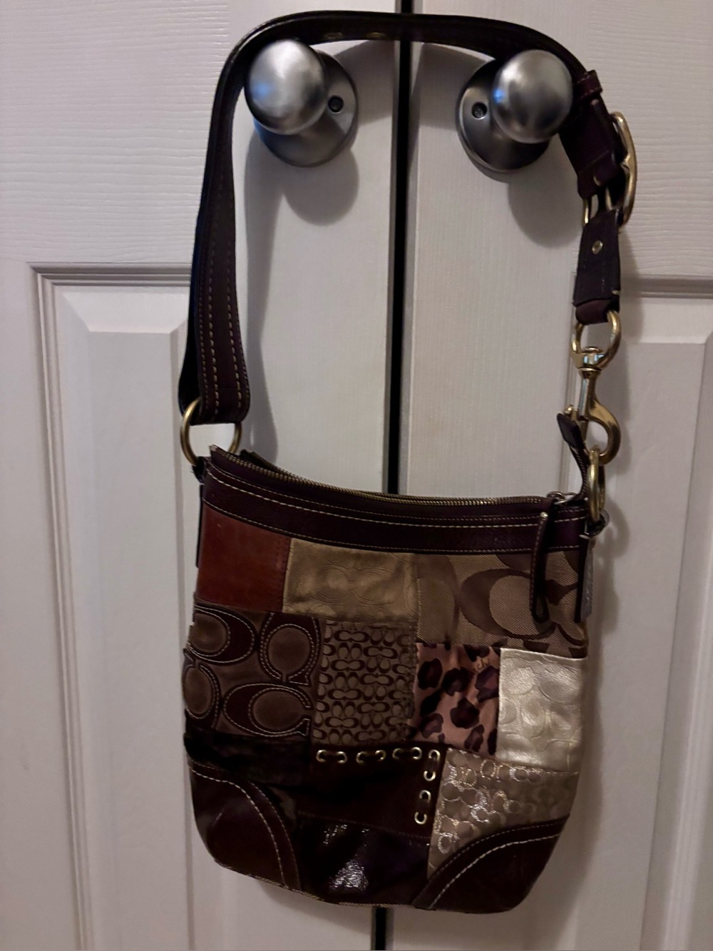 Coach Leather and Patchwork Brown Shoulder Bag with Gold-Tone Hardware